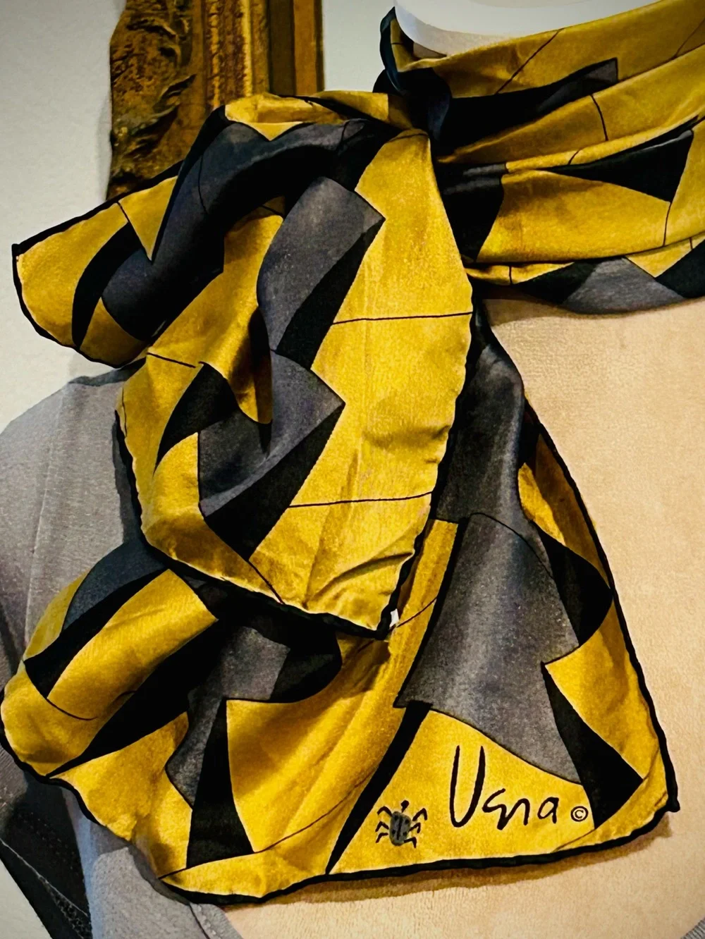Vintage Vera Neumann MCM geometric print oblong silk scarf with Ladybug Logo